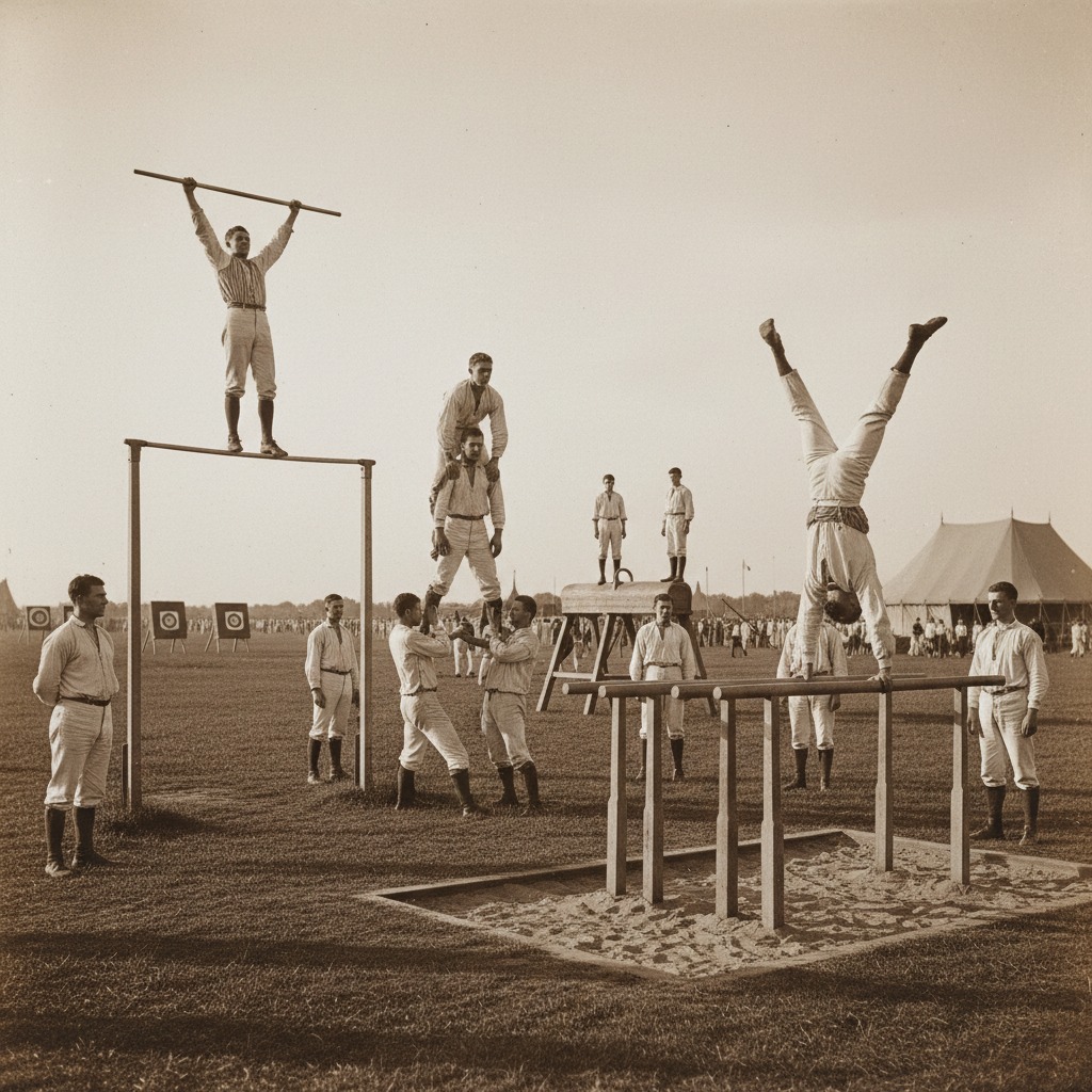 Een groep mannen in historische sportkleding voert gymnastiekoefeningen uit op een open veld.